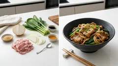 小松菜と豚こまの甘辛炒め:切って炒めて絡めるだけ、ごはんが進む定番おかず