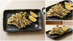 下茹でしてから揚げるのがコツ。宮古ぜんまいのサクッと天ぷら、炭酸水で軽い衣に